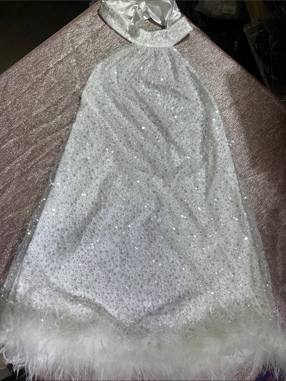 White Sequin Halter Mini Dress with Feather Hem